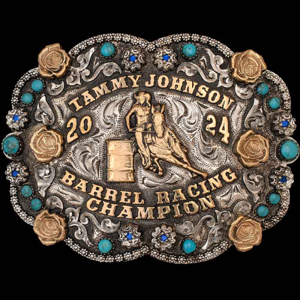 The perfect trophy buckle for any Can Chaser! Detailed with beautiful Jeweler's Bronze roses, berry edges, turquoise stones and German Silver flowers. 

Customize it 